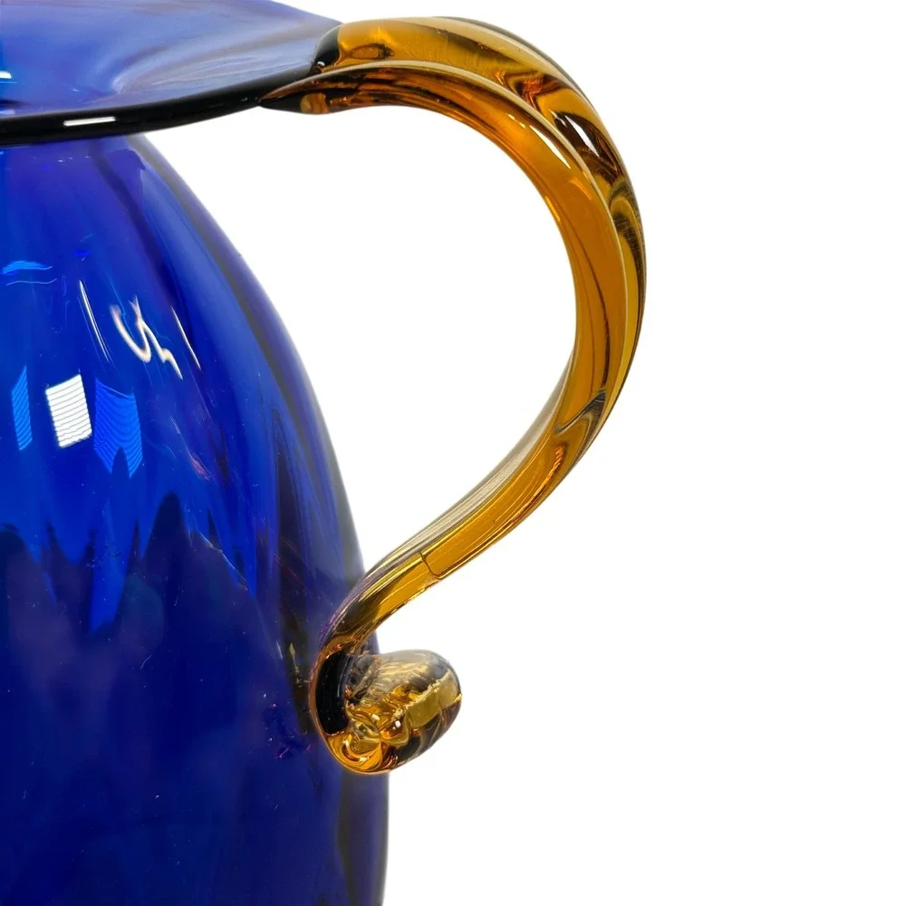 Blenko Cobalt Blue Optic Honeycomb Pitcher Amber Handles 9.5